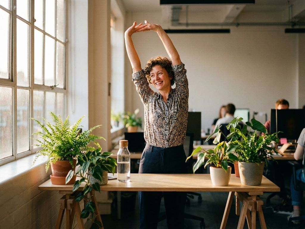 Office worker stretching at desk surrounded by green plants with natural sunlight streaming through windows
