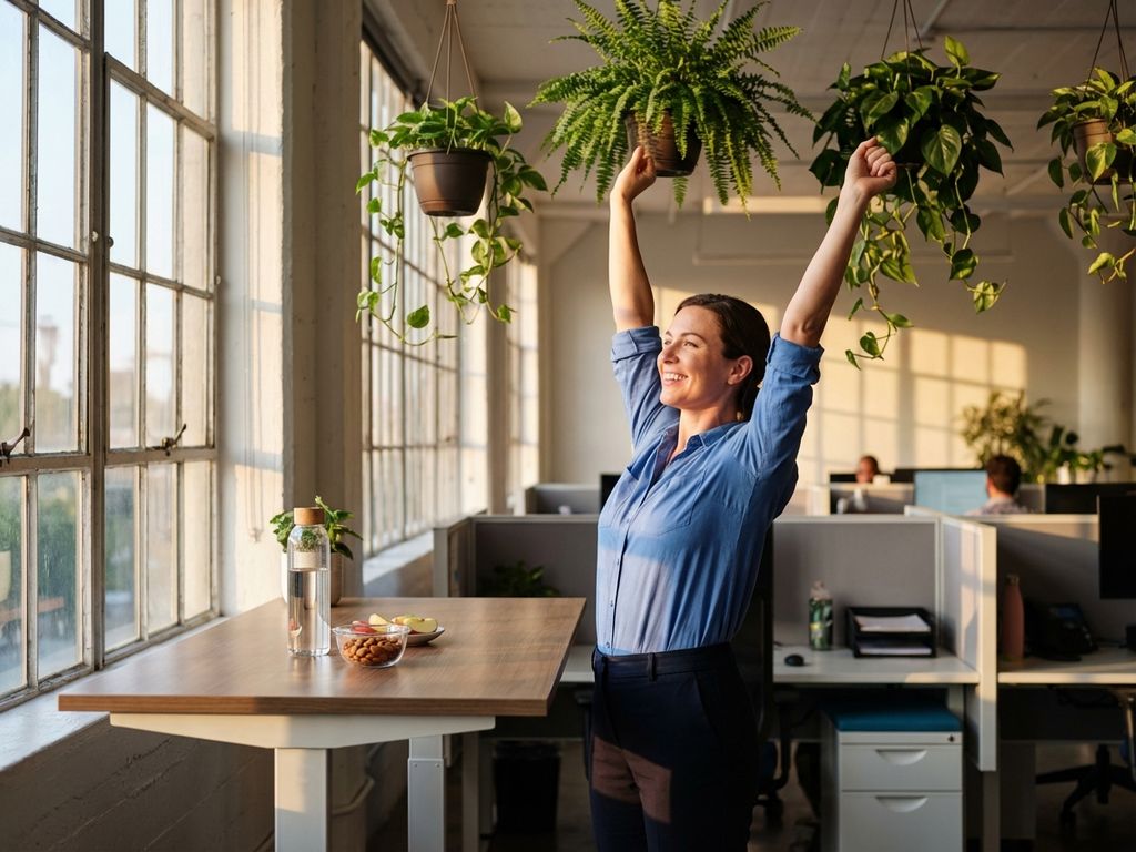 Professional office worker stretching at standing desk with arms raised, surrounded by green plants and natural sunlight.