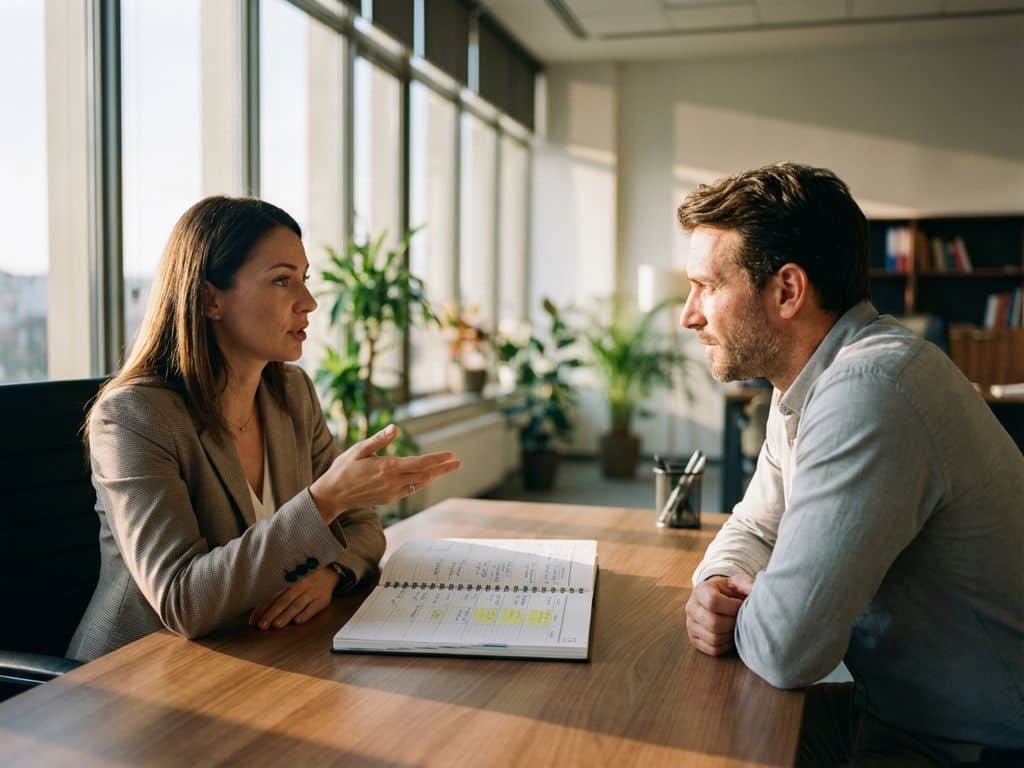 Life coach consulting with client across wooden desk in bright modern office, open planner visible between them.
