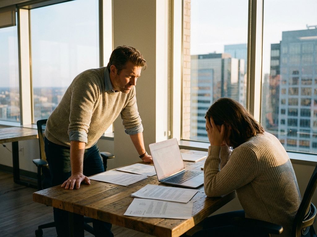 Manager leaning forward with empathy toward exhausted employee with head in hands at modern office desk with laptop