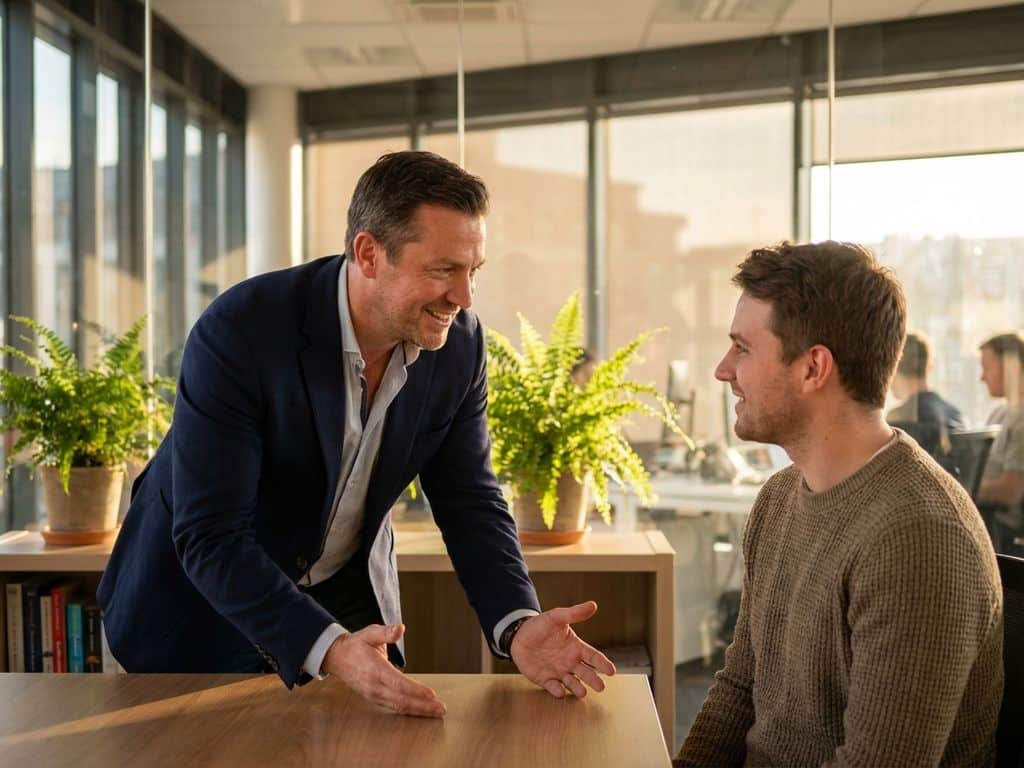 Manager and employee having supportive conversation at modern office desk with natural lighting and plants in background.