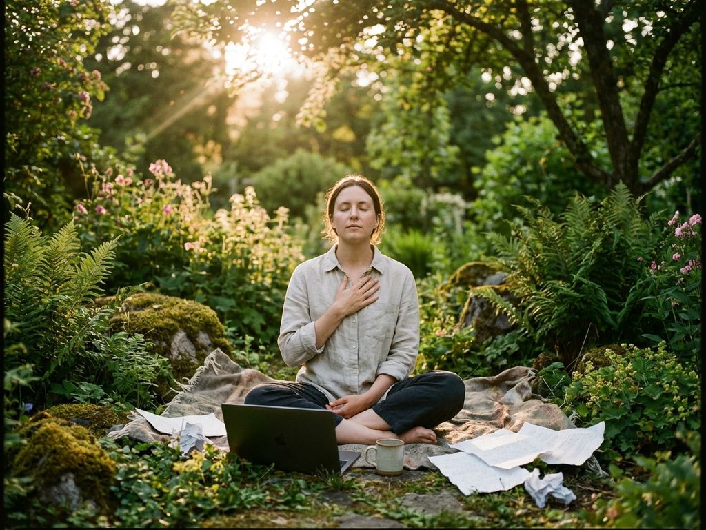Person with eyes closed, hand on heart, meditating peacefully in lush green nature with laptop nearby during golden hour.