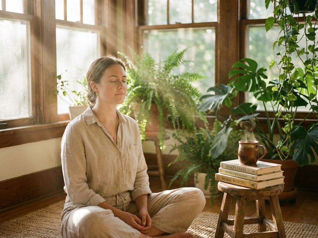 Person meditating cross-legged surrounded by green plants with sunlight streaming through windows, books and tea nearby.