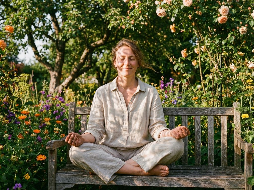 Person meditating peacefully in sunlit garden surrounded by blooming flowers and green foliage with warm golden light.