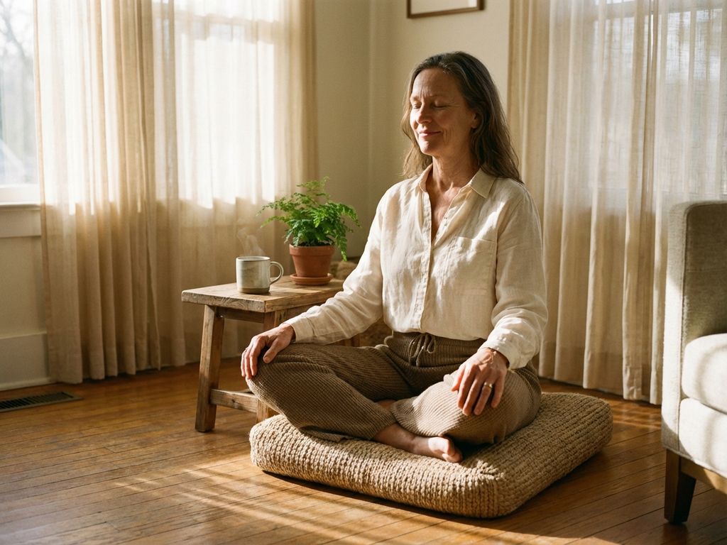 Woman meditating cross-legged on cushion in sunlit living room with closed eyes, herbal tea and plant nearby