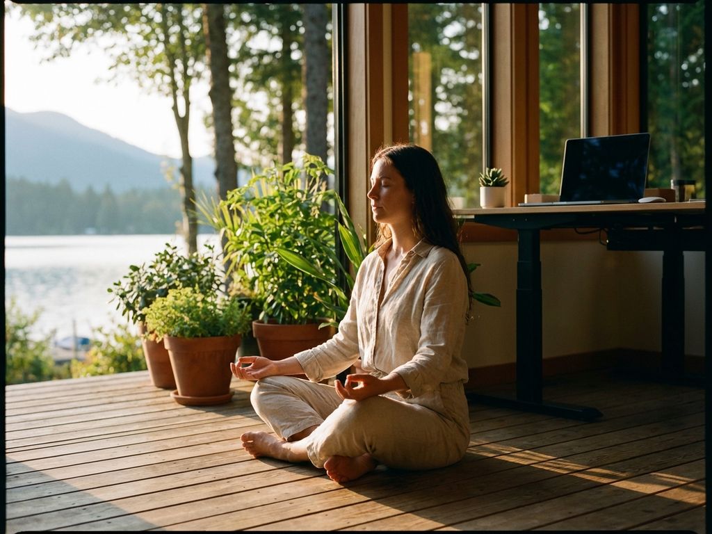 Person meditating cross-legged on wooden deck overlooking lake with plants and organized workspace visible behind them