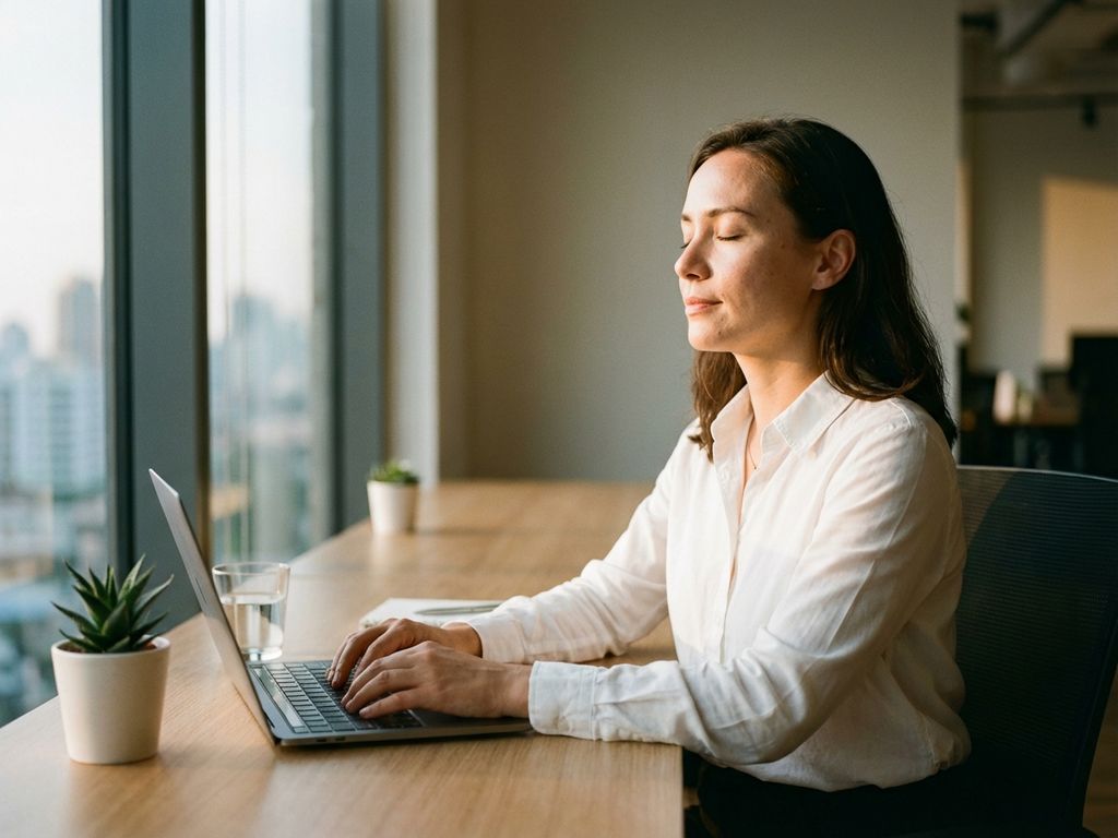 Professional woman practicing mindfulness at office desk with eyes closed, hands on laptop, plant and water nearby