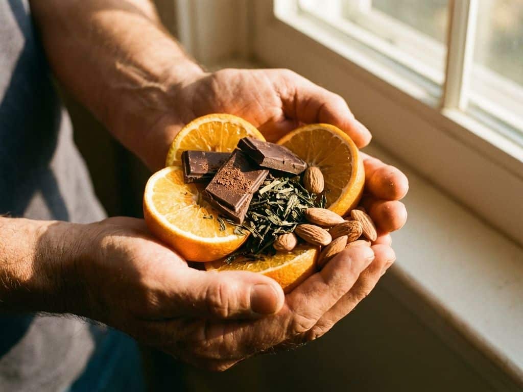 Hands cupping fresh oranges, dark chocolate, green tea leaves, and almonds in warm sunlight - natural energy foods