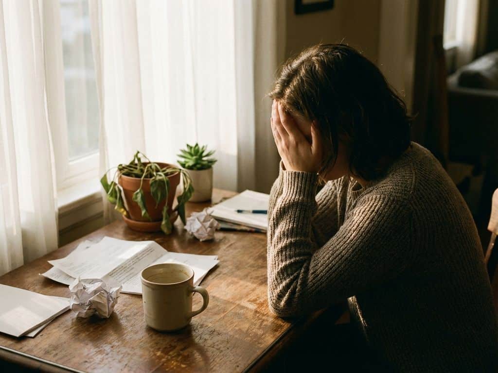 Person with head in hands at wooden desk with scattered papers, empty coffee cup, and plants on windowsill in soft light.