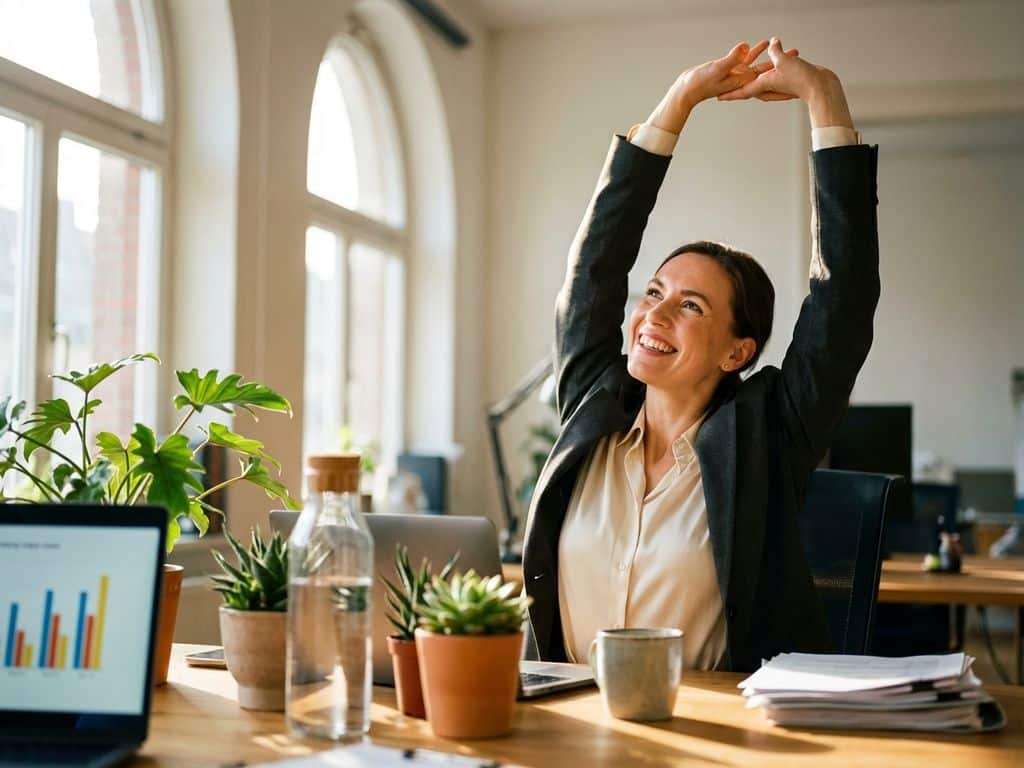 Professional businesswoman stretching arms up with smile at office desk, laptop with charts, plants, natural sunlight.