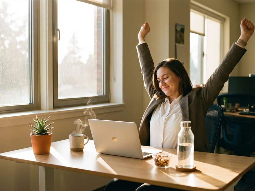 Professional woman stretching arms above head at modern desk with laptop, green tea, and plant in warm morning sunlight.
