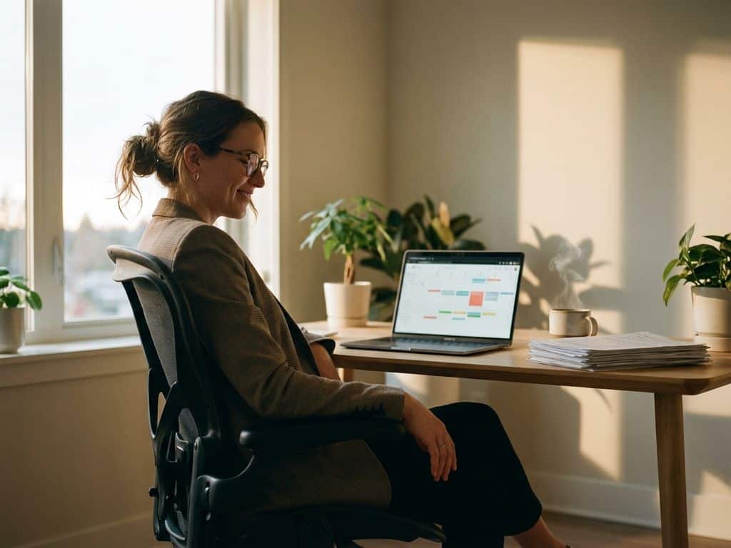 Professional woman relaxing at organized desk with laptop calendar, completed documents, and coffee in peaceful office