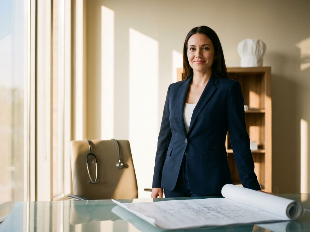 Professional businesswoman in navy suit standing confidently in modern office with medical, construction, and culinary items nearby.
