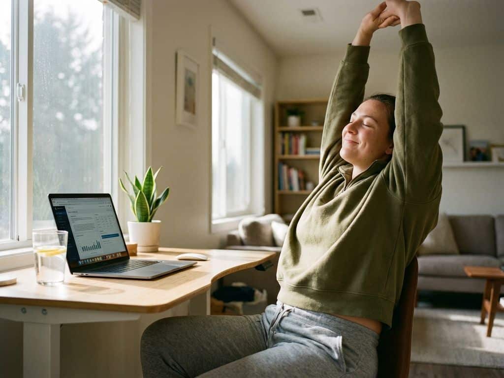 Remote worker stretching arms up at ergonomic home office desk with laptop, water glass, and plant in natural sunlight