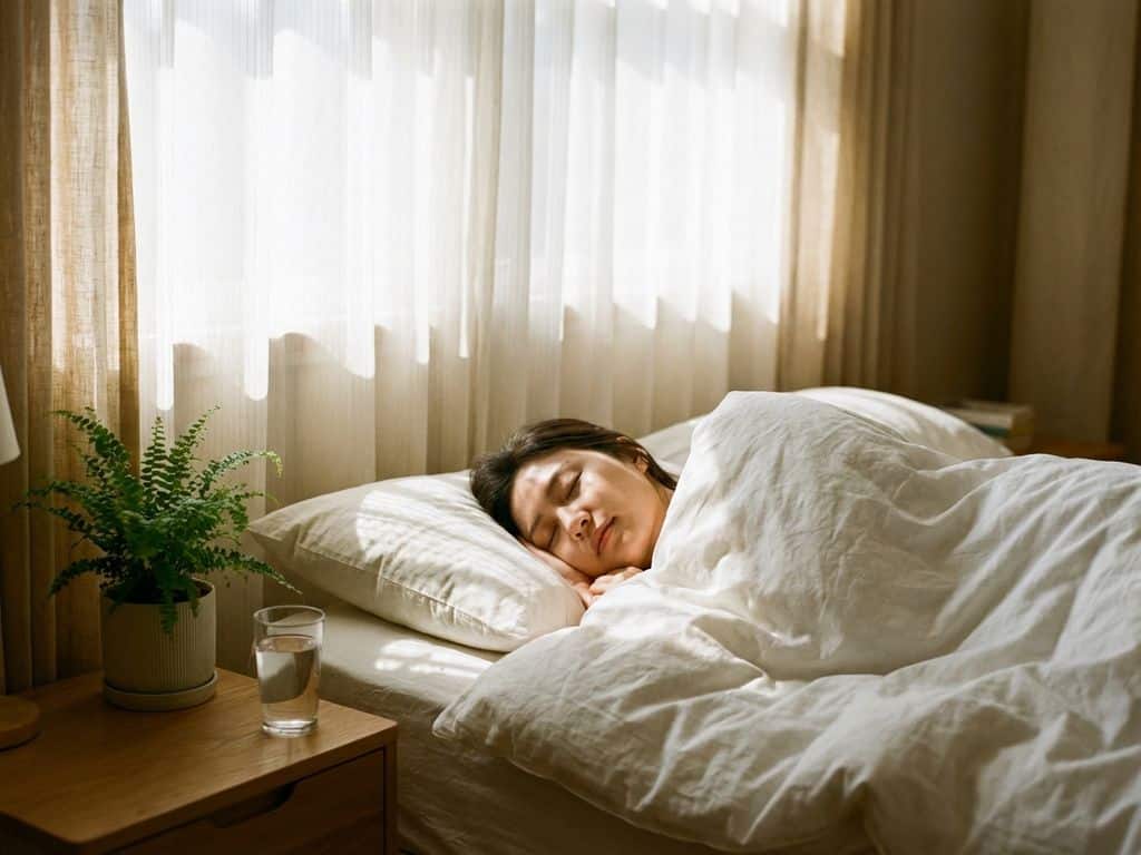 Person sleeping peacefully in bed with white linens, morning sunlight filtering through curtains, plant and water on nightstand