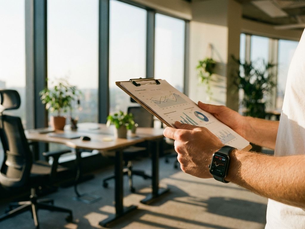 Professional checking heart rate on smartwatch while holding performance charts in modern office with natural lighting.
