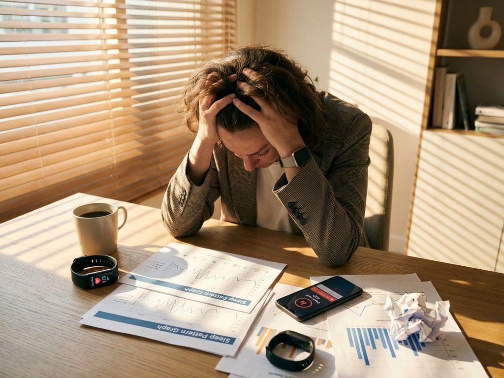 Stressed professional with head in hands at desk surrounded by scattered wellness data charts and fitness tracking devices