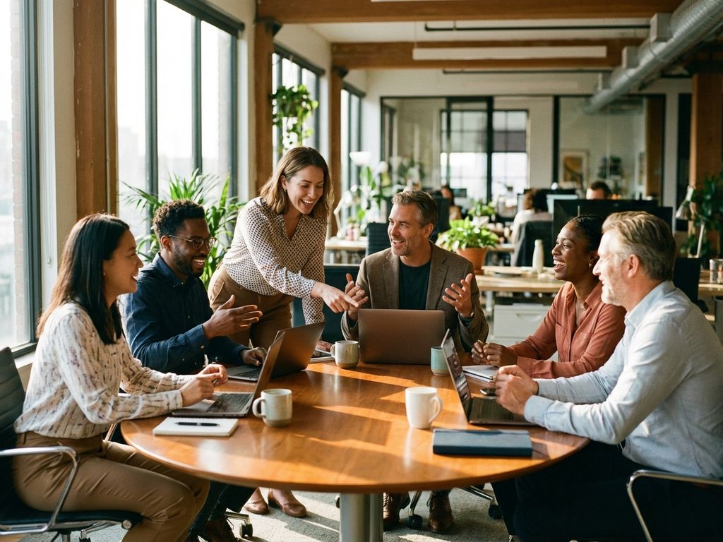 Diverse office team collaborating around conference table with laptops, animated discussion in bright modern workspace