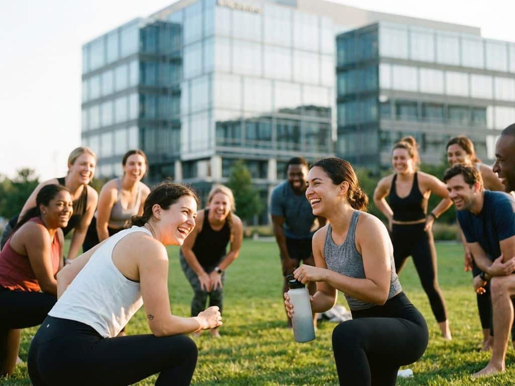 Diverse office workers doing outdoor team building yoga and stretching exercises on grass near corporate building