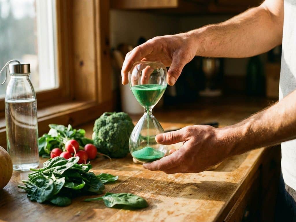 Hands holding hourglass with green sand surrounded by fresh vegetables and water bottle on kitchen counter in morning light