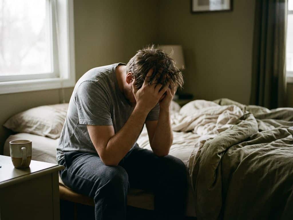 Tired person sitting on bed edge with head in hands in soft morning light, wearing wrinkled clothing in muted bedroom