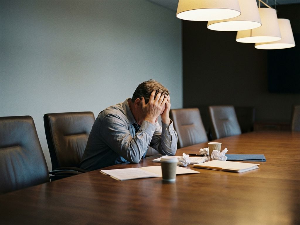 Exhausted business manager with head in hands at conference table surrounded by empty chairs and scattered papers