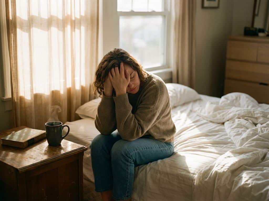Tired person sitting on unmade bed with head in hands, coffee cup on nightstand, soft morning sunlight through curtains