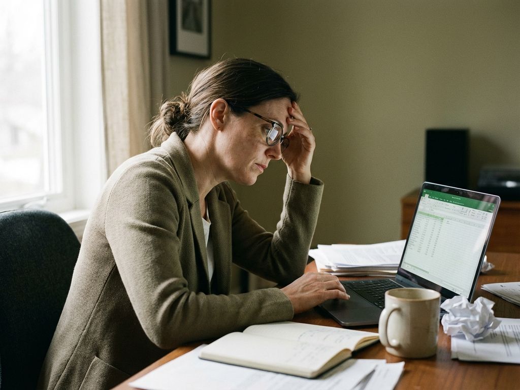 Tired professional woman at desk holding forehead while looking at laptop, with empty coffee cup and scattered papers nearby.