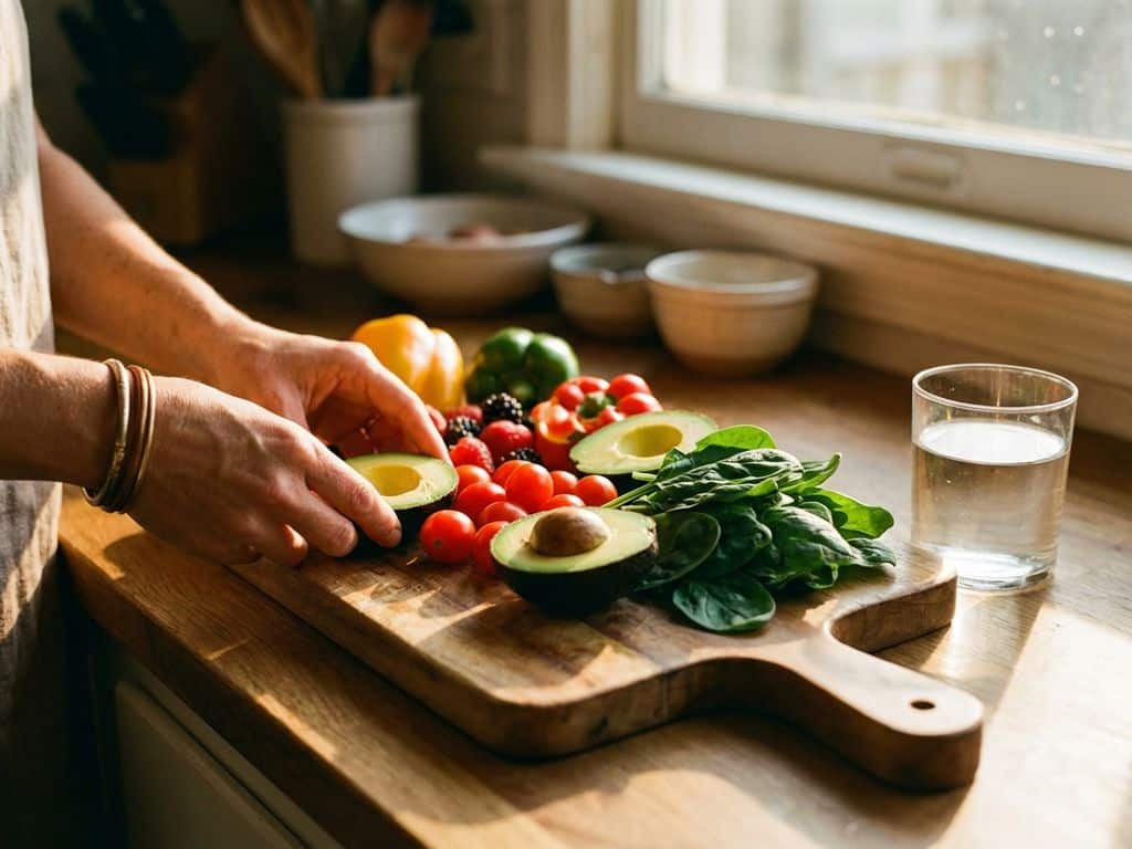 Fresh vegetables and fruits arranged on wooden cutting board with hands placing avocado next to tomatoes and spinach