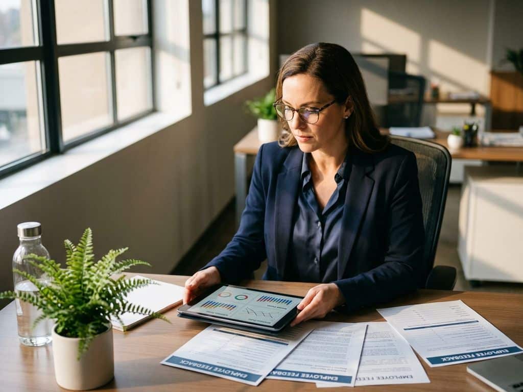 Professional woman in business attire analyzing health analytics on tablet at modern office desk with wellness charts