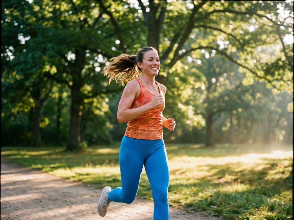 Woman jogging through sunlit park with green trees, ponytail in motion, morning light filtering through leaves