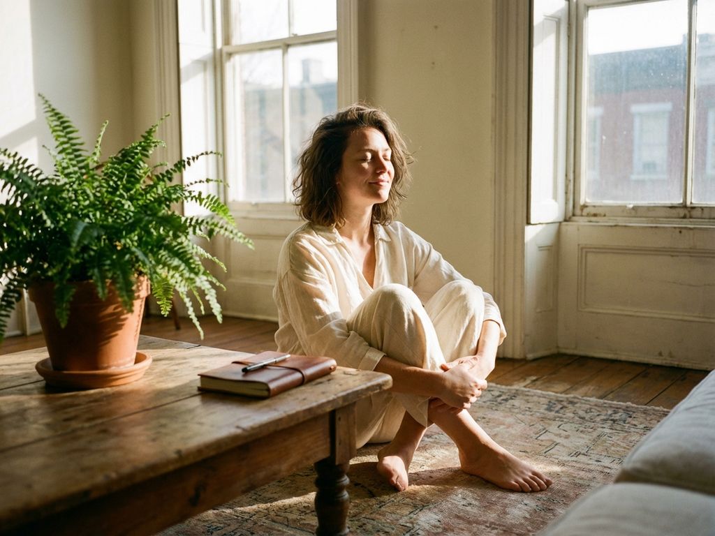 Woman meditating cross-legged in sunlit room with plant and journal on wooden table beside her