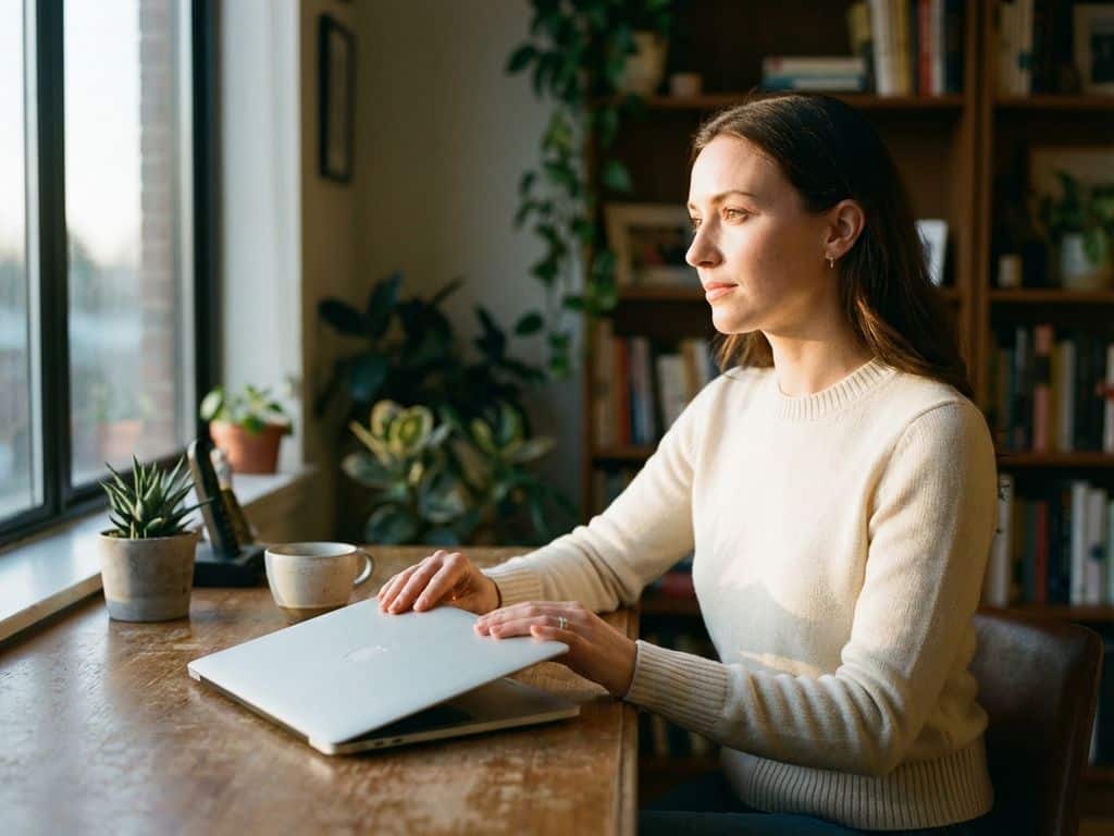 Professional woman closing laptop at wooden desk in bright home office with coffee cup, plant, and golden sunlight streaming through window.