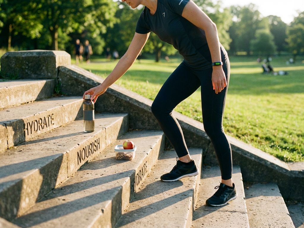 Professional woman in athletic wear climbing concrete steps outdoors with wellness items, morning light, park background.