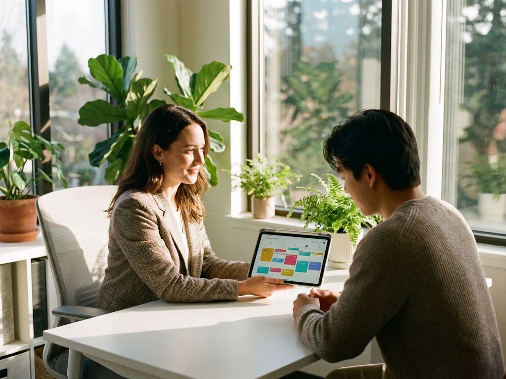 Wellness coach showing colorful calendar on tablet to client in bright modern office with plants and natural lighting