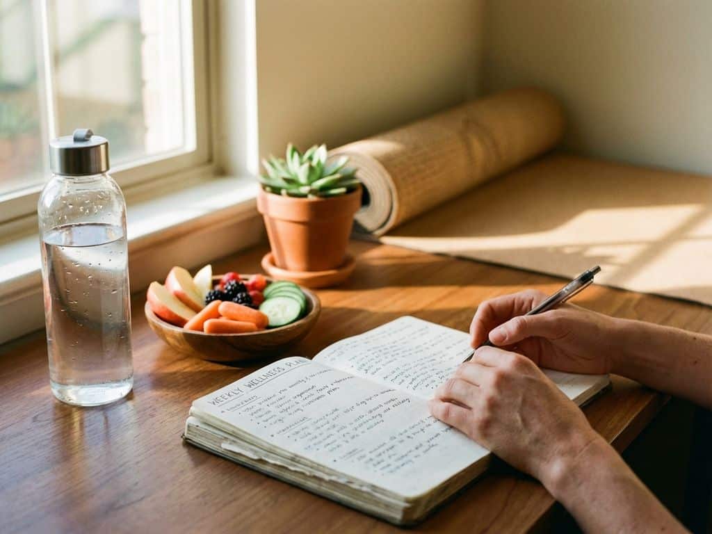 Wellness coach writing in notebook at organized desk with fresh fruits, vegetables, water bottle, and yoga mat in background