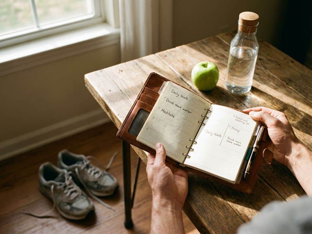 Open leather planner with handwritten wellness goals on wooden desk, green apple and water bottle nearby, running shoes on floor