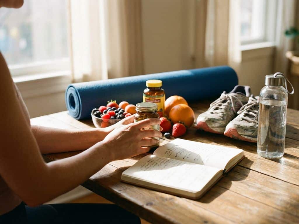 Person selecting wellness items including fruits, vitamins, yoga mat and running shoes arranged on wooden table in sunlight.