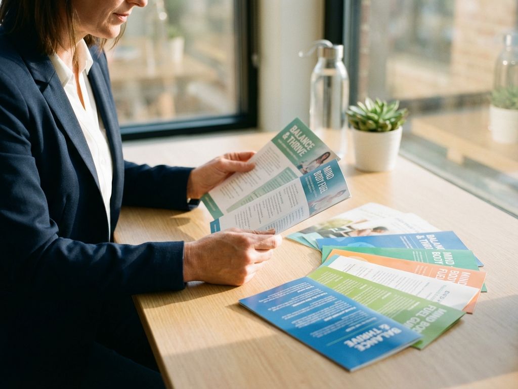 Professional woman in business attire comparing colorful wellness program brochures at modern office desk with natural lighting.