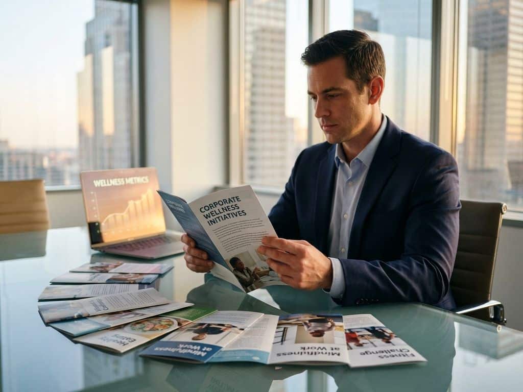 Business professional in navy suit reviewing wellness program brochures at glass conference table with laptop and pamphlets