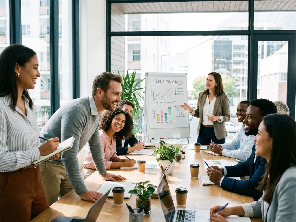 Diverse office employees listening to wellness coordinator presenting health program charts during meeting in bright conference room.