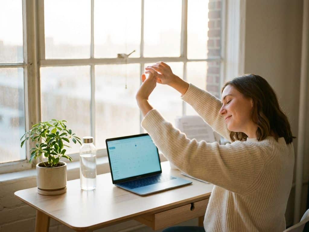 Professional woman stretching arms above head at wooden desk during work break, laptop open, plant and water bottle nearby.