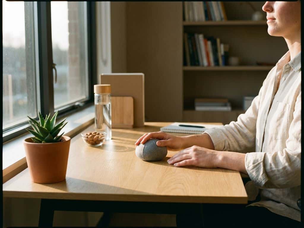 Office worker relaxing at wooden desk with stress ball, potted plant, and healthy snacks in sunlit workspace