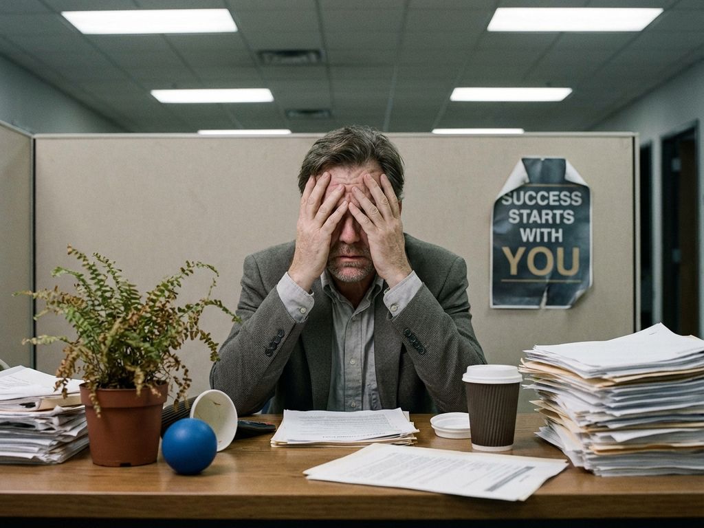 Stressed professional with head in hands at cluttered office desk surrounded by wilted plant and unused wellness items