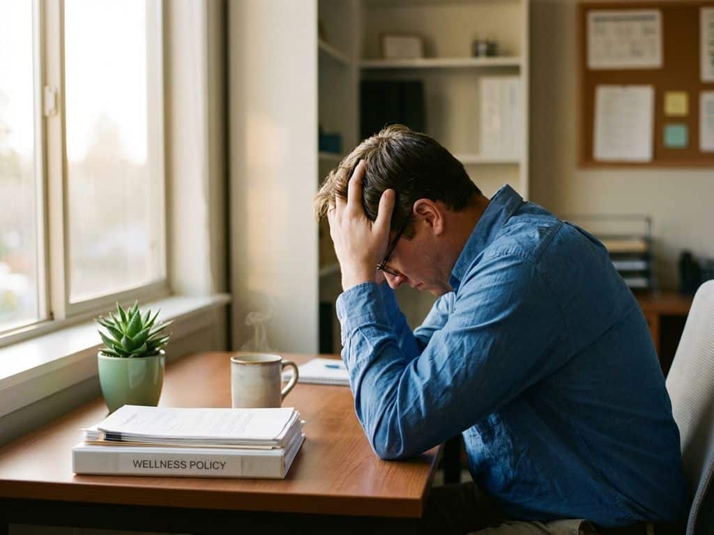 Stressed office worker with head in hands at organized desk with wellness documents, plant, and tea cup in natural lighting.