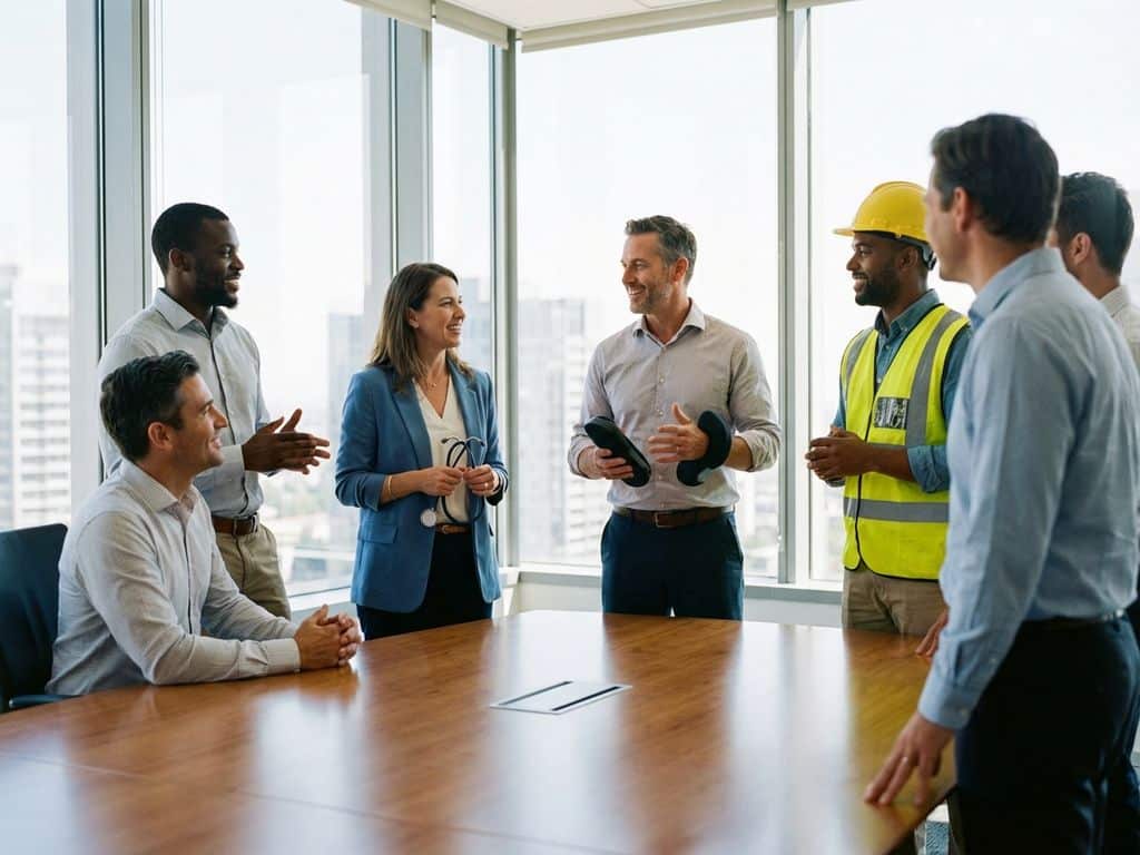 Diverse professionals including nurse, office worker, and construction supervisor discussing workplace wellness initiatives around conference table