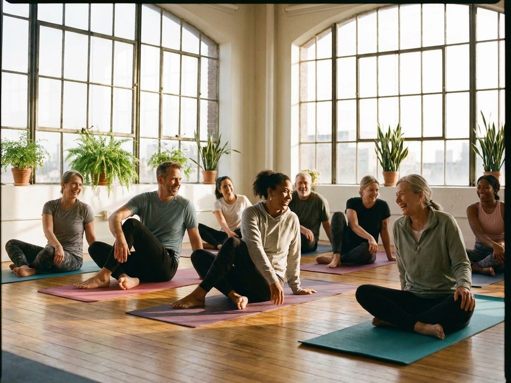 Diverse group doing yoga and stretching exercises together on mats in bright, sunlit studio with plants and wooden floors.