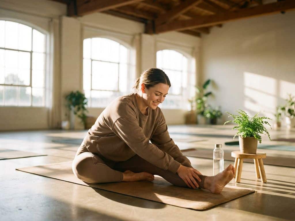 Person stretching on yoga mat in bright studio with natural sunlight, water bottle and plant nearby, peaceful expression
