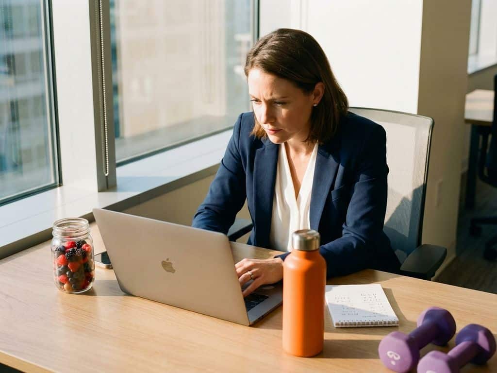 Businesswoman in navy blazer calculating costs on laptop at modern desk with wellness items and natural lighting