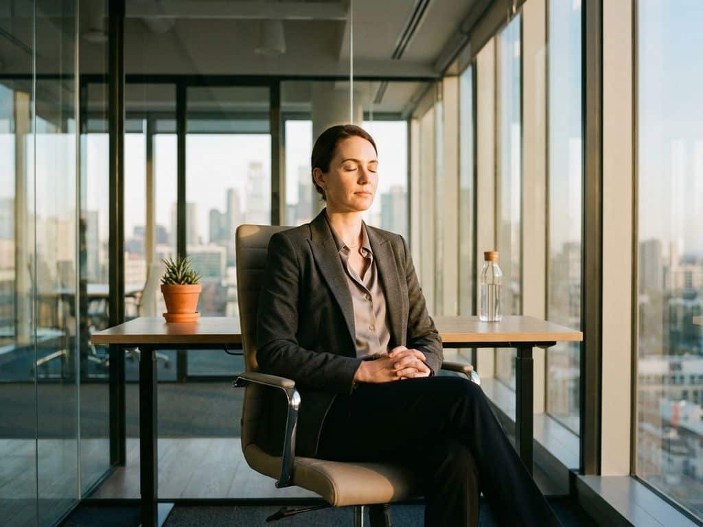 Professional woman meditating peacefully at modern office desk with plant and natural lighting during golden hour